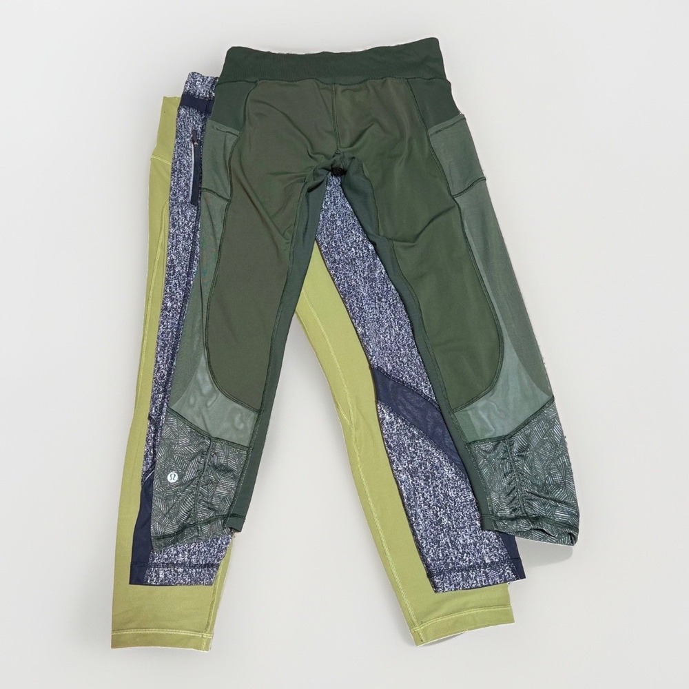 Lululemon Leggings Lot 3 Pairs Size 12 Crop High Rise Olive Lime yoga gym Mesh